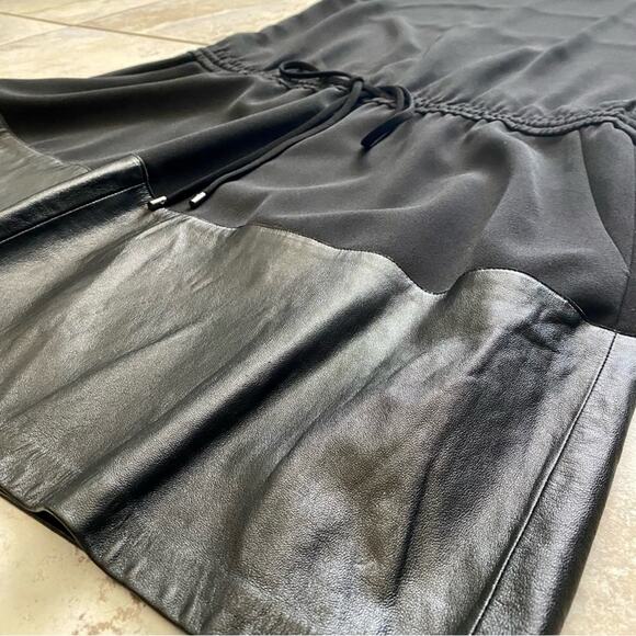 VINCE LEATHER CONTRAST BAND DRAWSTRING with Pockets WOMEN Black Dress Medium - Picture 9 of 13